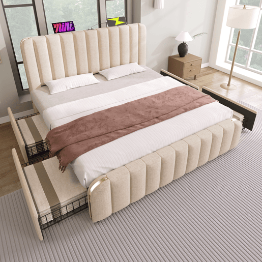 Cama Polsterbett 180x200 - Cabeceira acolchoada com franjas douradas, entrada USB, 4 gavetas, bege