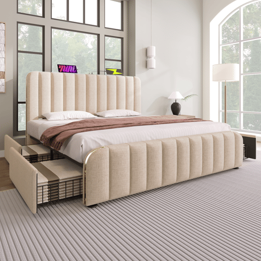Cama Polsterbett 180x200 - Cabeceira acolchoada com franjas douradas, entrada USB, 4 gavetas, bege