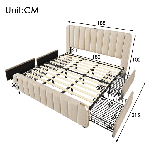 Cama Polsterbett 180x200 - Cabeceira acolchoada com franjas douradas, entrada USB, 4 gavetas, bege