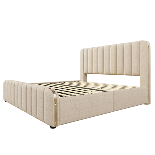 Cama Polsterbett 180x200 - Cabeceira acolchoada com franjas douradas, entrada USB, 4 gavetas, bege