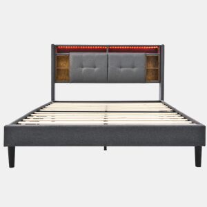 Cama de casal estofada 160x200 - cabeceira com arrumação, USB e luzes LED, estrutura em madeira - Cinza