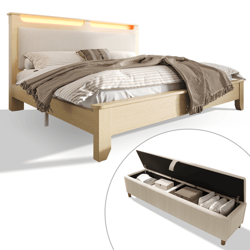 Cama de casal 160x200 cm - Com banco de arrumação, cabeceira com arrumação, iluminação LED, encosto em veludo bege - Carvalho claro