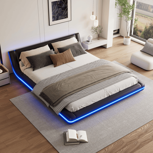 Cama plana 160x200 cm - PU, luz LED ambiente - Preto