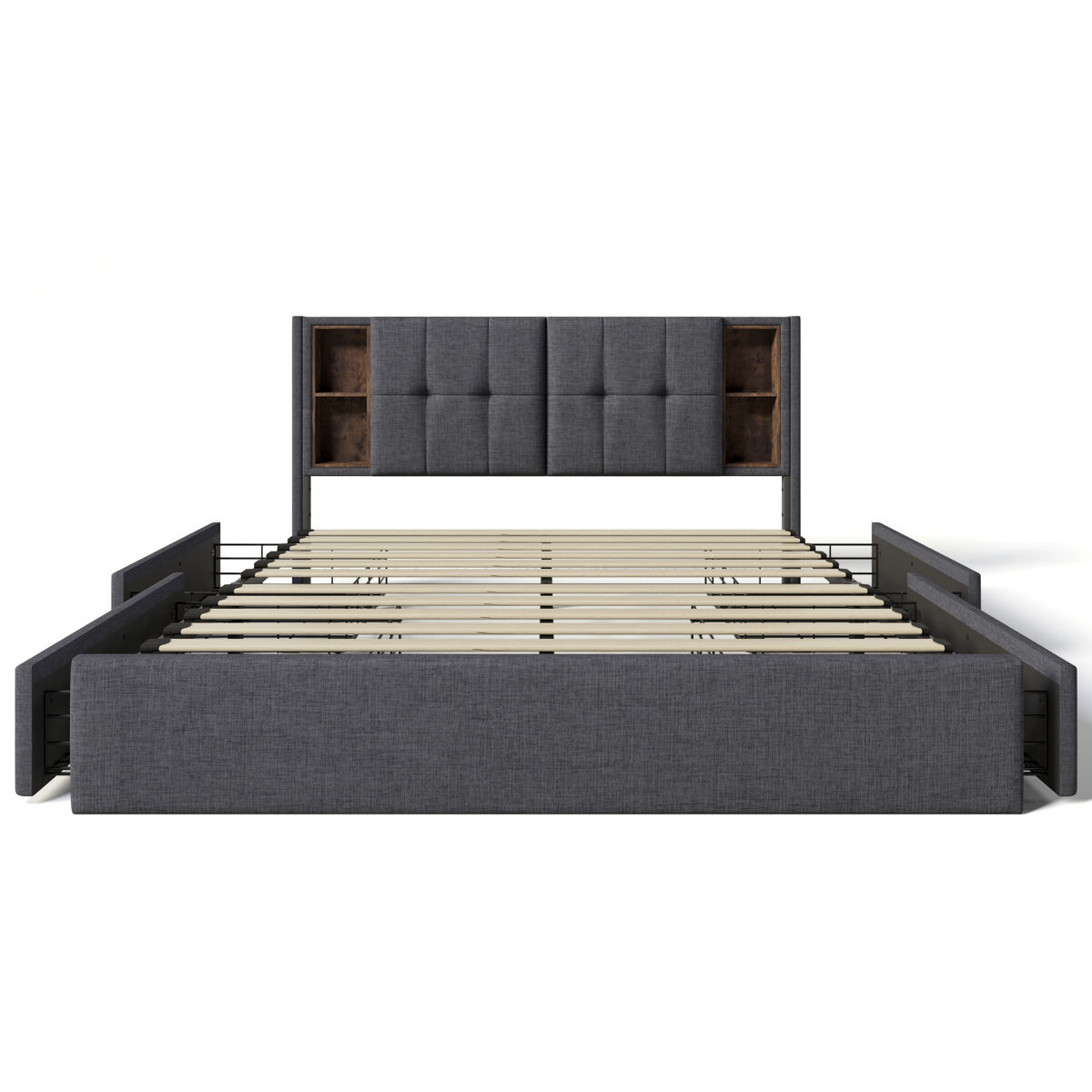 Cama doble 160x200cm - con carga inalámbrica usb c y 4 cajones - gris lino