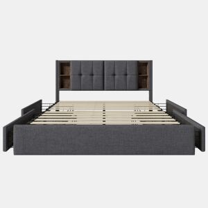 Cama de casal 160x200 cm - com carregamento sem fios USB C e 4 gavetas - Cinza linho
