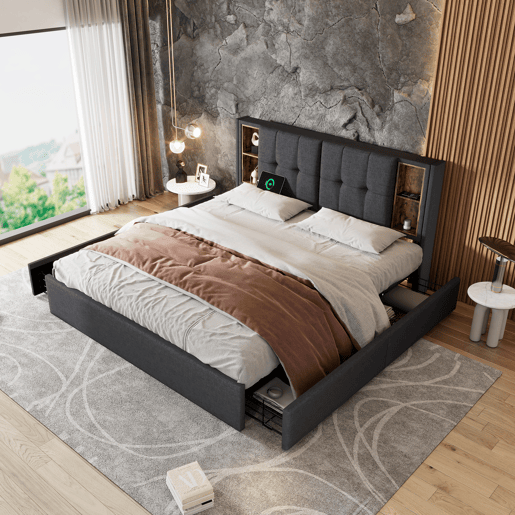 Cama de casal 160x200 cm - com carregamento sem fios USB C e 4 gavetas - Cinza linho