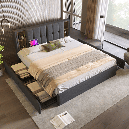 Cama de casal 160x200 cm - com carregamento sem fios USB C e 4 gavetas - Cinza linho