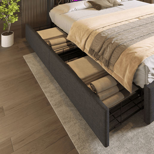 Cama de casal 160x200 cm - com carregamento sem fios USB C e 4 gavetas - Cinza linho