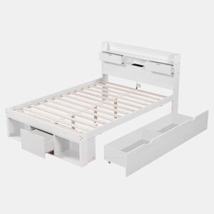 Cama de casal 140x190 - Multifuncional com USB, gavetas e armário, grande capacidade de arrumação - Branco