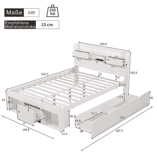 Cama de casal 140x190 - Multifuncional com USB, gavetas e armário, grande capacidade de arrumação - Branco