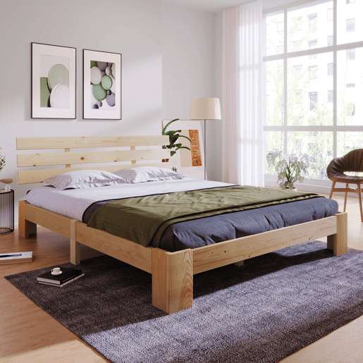 Cama de casal em madeira 200x140 cm - Cabeceira, estrutura da cama com estrado, madeira maciça, design em pinho