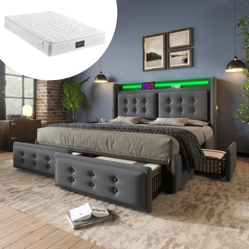 Cama estofada 140x200 - Cabeceira LED com função de carregamento USB C, 4 gavetas, estrutura de madeira e metal, capacidade de carga 300 kg - Cinza