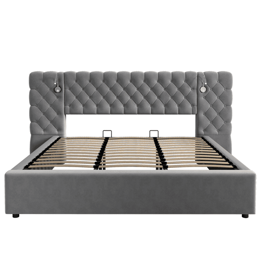 Cama contentora estofada 180x200 cm em veludo - com candeeiro de leitura e estrado - Cinzento