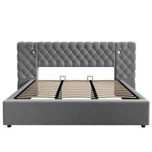 Cama contentora estofada 180x200 cm em veludo - com candeeiro de leitura e estrado - Cinzento