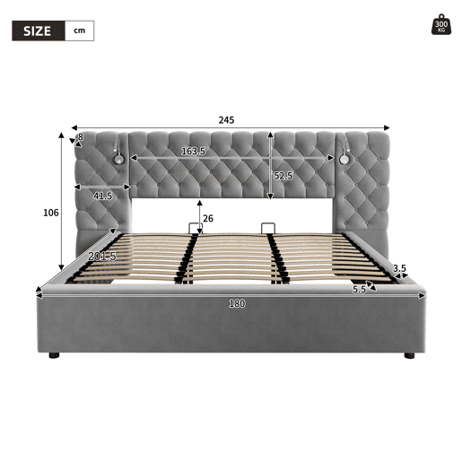 Cama contentora estofada 180x200 cm em veludo - com candeeiro de leitura e estrado - Cinzento