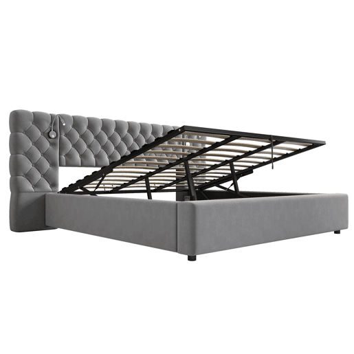Cama contentora estofada 180x200 cm em veludo - com candeeiro de leitura e estrado - Cinzento