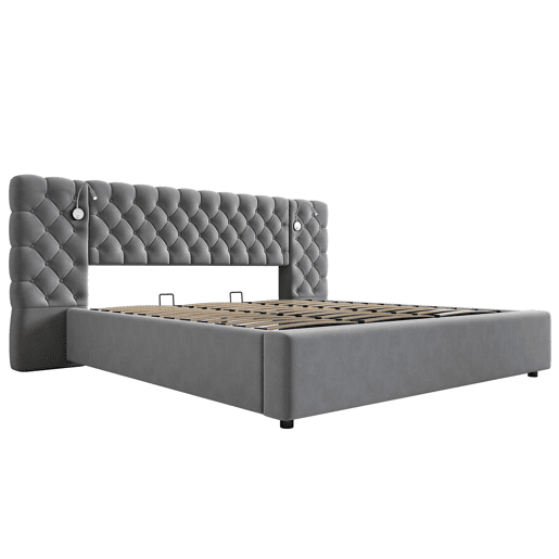 Cama contentora estofada 180x200 cm em veludo - com candeeiro de leitura e estrado - Cinzento