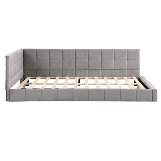 Cama para adultos 140x200cm em veludo com estrado de ripas e grade de ripas - Cinzento