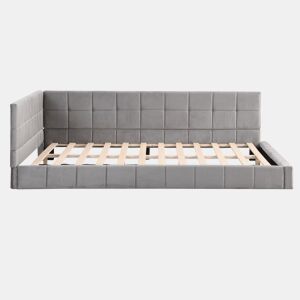 Cama para adultos 140x200cm em veludo com estrado de ripas e grade de ripas - Cinzento