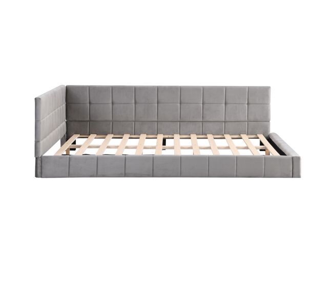 Cama para adultos 140x200cm en terciopelo con reja y somier de láminas - gris