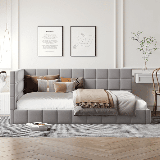 Cama para adultos 140x200cm em veludo com estrado de ripas e grade de ripas - Cinzento