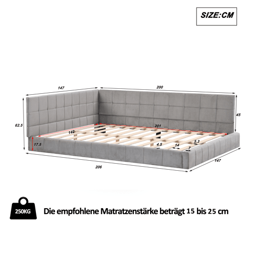 Cama para adultos 140x200cm em veludo com estrado de ripas e grade de ripas - Cinzento