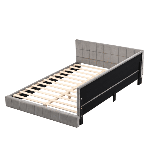 Cama para adultos 140x200cm em veludo com estrado de ripas e grade de ripas - Cinzento