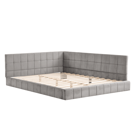 Cama para adultos 140x200cm em veludo com estrado de ripas e grade de ripas - Cinzento