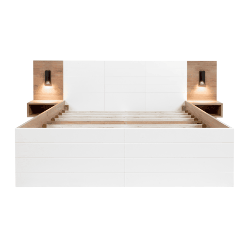 Cama de casal 140x200cm - Com 2 gavetas, cabeceira com luz de leitura e função de carregamento USB, inclui 2 mesas de cabeceira, estrado e estrutura - CarvalhoBranco