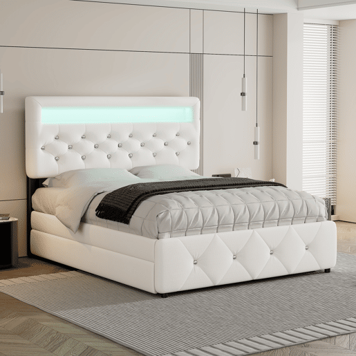 Cama estofada 140x200cm (90x190cm) - Cama de casal, cama com plataforma, com gaveta e 2 gavetas, mesa de cabeceira com luz LED, Branca