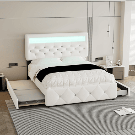 Cama estofada 140x200cm (90x190cm) - Cama de casal, cama com plataforma, com gaveta e 2 gavetas, mesa de cabeceira com luz LED, Branca