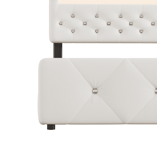 Cama estofada 140x200cm (90x190cm) - Cama de casal, cama com plataforma, com gaveta e 2 gavetas, mesa de cabeceira com luz LED, Branca