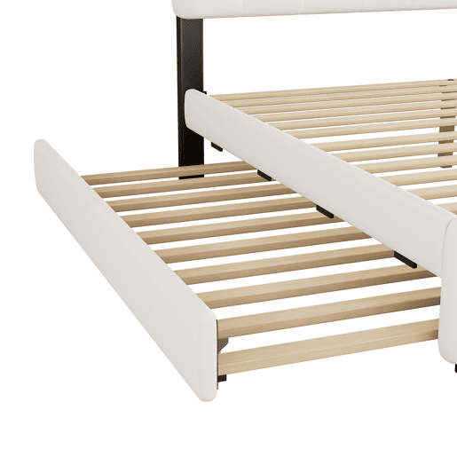 Cama estofada 140x200cm (90x190cm) - Cama de casal, cama com plataforma, com gaveta e 2 gavetas, mesa de cabeceira com luz LED, Branca