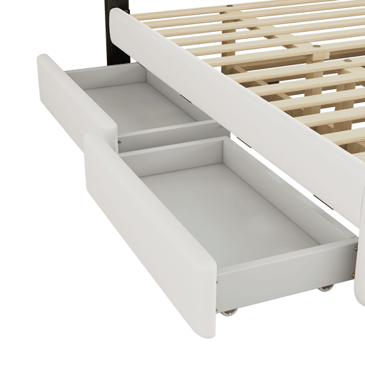 Cama estofada 140x200cm (90x190cm) - Cama de casal, cama com plataforma, com gaveta e 2 gavetas, mesa de cabeceira com luz LED, Branca