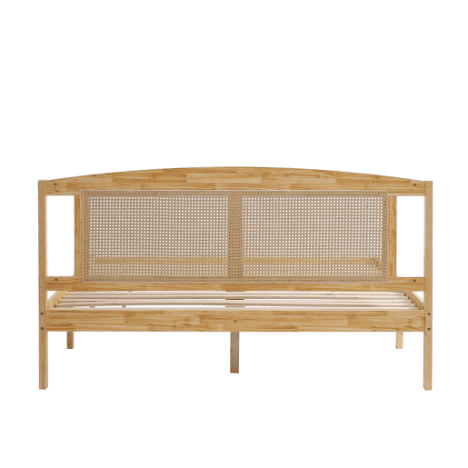 Cama de casal para adultos 160X200 cm - cabeceira em madeira de pinho e rotim - Natural Cama de casal para adultos 160X200 cm - cabeceira em madeira de pinho e rotim - Natural