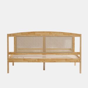 Cama de casal para adultos 160X200 cm - cabeceira em madeira de pinho e rotim - Natural