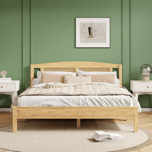 Cama de casal para adultos 160X200 cm - cabeceira em madeira de pinho e rotim - Natural Cama de casal para adultos 160X200 cm - cabeceira em madeira de pinho e rotim - Natural