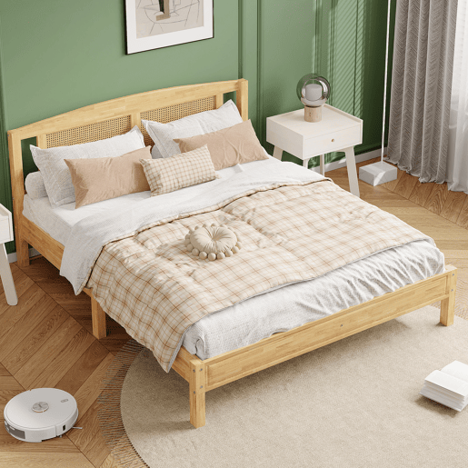 Cama de casal para adultos 160X200 cm - cabeceira em madeira de pinho e rotim - Natural Cama de casal para adultos 160X200 cm - cabeceira em madeira de pinho e rotim - Natural