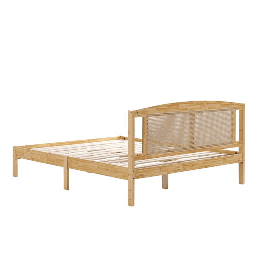 Cama de casal para adultos 160X200 cm - cabeceira em madeira de pinho e rotim - Natural Cama de casal para adultos 160X200 cm - cabeceira em madeira de pinho e rotim - Natural