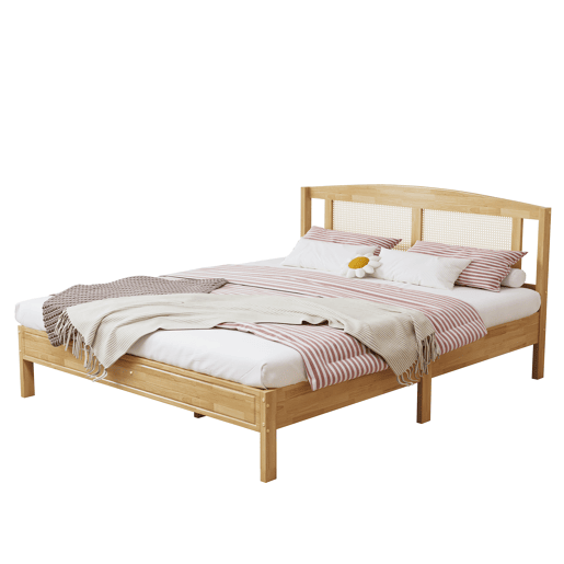 Cama de casal para adultos 160X200 cm - cabeceira em madeira de pinho e rotim - Natural Cama de casal para adultos 160X200 cm - cabeceira em madeira de pinho e rotim - Natural