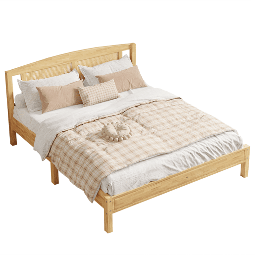 Cama de casal para adultos 160X200 cm - cabeceira em madeira de pinho e rotim - Natural Cama de casal para adultos 160X200 cm - cabeceira em madeira de pinho e rotim - Natural