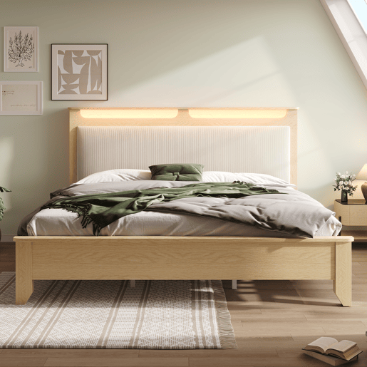 Cama de casal 160x200 cm - Cabeceira com arrumação, iluminação LED, encosto em tecido de veludo cotelê bege - Madeira de carvalho claro