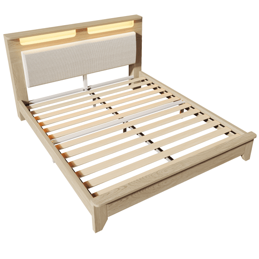 Cama de casal 160x200 cm - Cabeceira com arrumação, iluminação LED, encosto em tecido de veludo cotelê bege - Madeira de carvalho claro