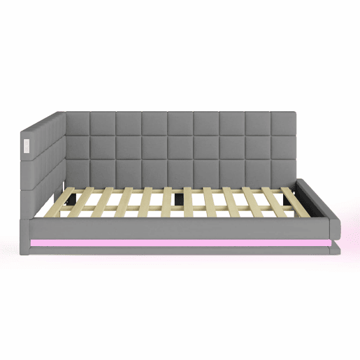 Sofá-cama 140*200 - Multifuncional com faixa LED, tomada USB e estrado de latão - Cinza