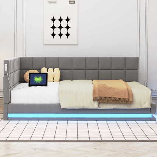 Sofá-cama 140*200 - Multifuncional com faixa LED, tomada USB e estrado de latão - Cinza