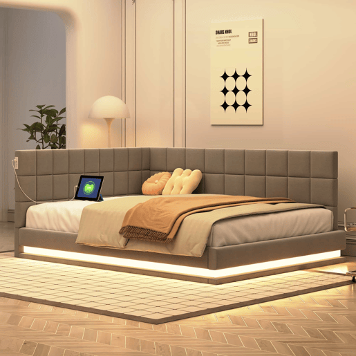 Sofá-cama 140*200 - Multifuncional com faixa LED, tomada USB e estrado de latão - Cinza
