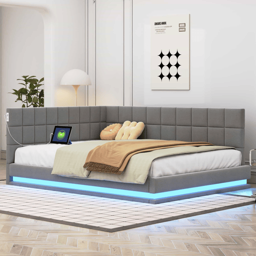 Sofá-cama 140*200 - Multifuncional com faixa LED, tomada USB e estrado de latão - Cinza