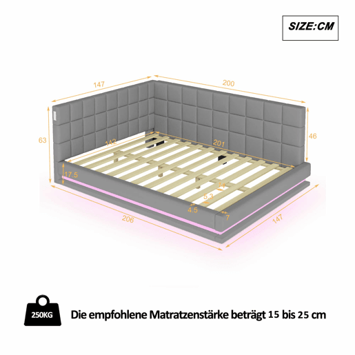 Sofá-cama 140*200 - Multifuncional com faixa LED, tomada USB e estrado de latão - Cinza