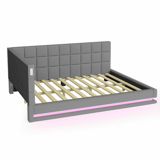 Sofá-cama 140*200 - Multifuncional com faixa LED, tomada USB e estrado de latão - Cinza