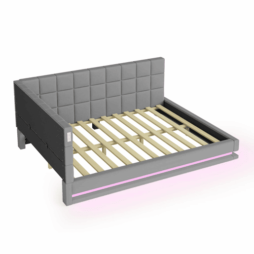 Sofá-cama 140*200 - Multifuncional com faixa LED, tomada USB e estrado de latão - Cinza